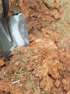 A shovel sits in hard, red clay.